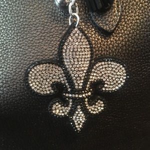 Purse BLING Fleur De Lis  silver black crystal charm clip on bag Sparkle!!